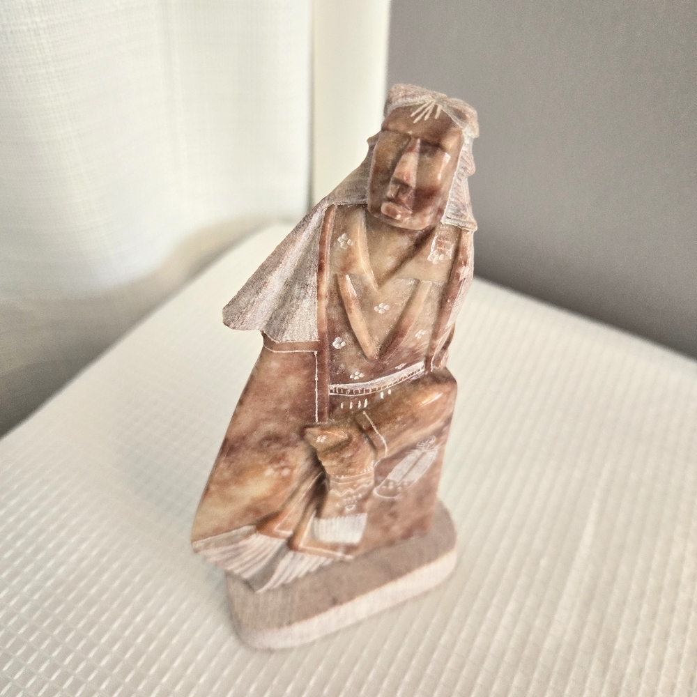 Yazzie Alabaster Sculpture Women Robe Prayer Feather Native American Signed